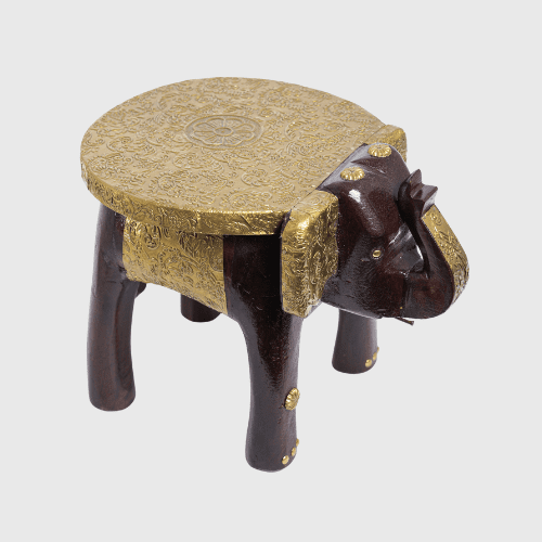 Brass Embossed Wooden Elephant Stool