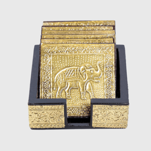 Brass Embossed Square Wooden Coasters Set