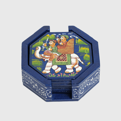 Blue Rajasthani Hand Painted Wooden Coaster Set