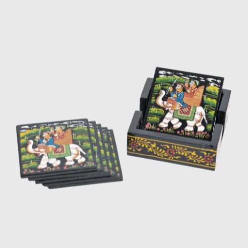 Black Square Rajasthani Hand Painted Wooden Coaster Set
