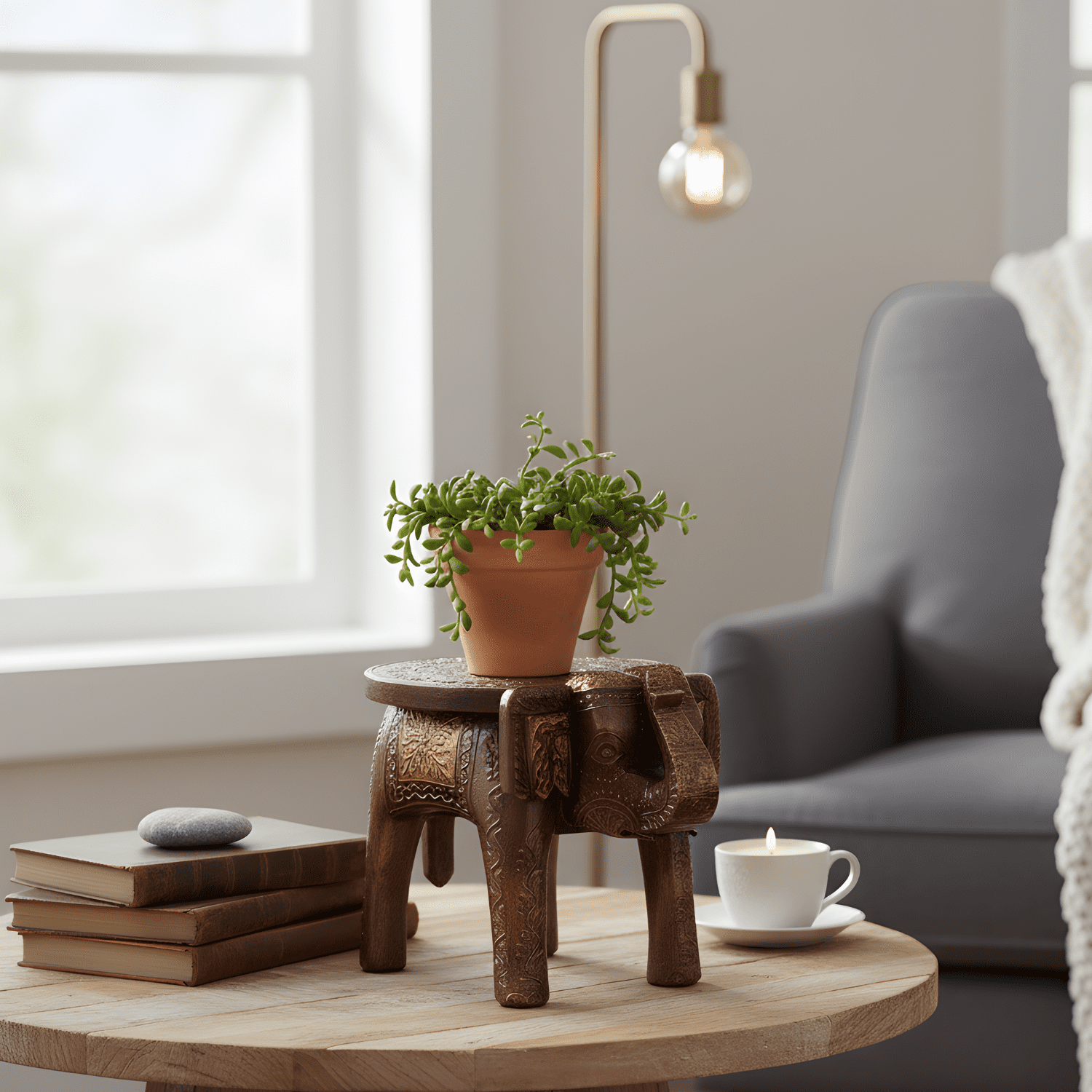 Brown Embossed Painted Wooden Elephant Stool - Image 2