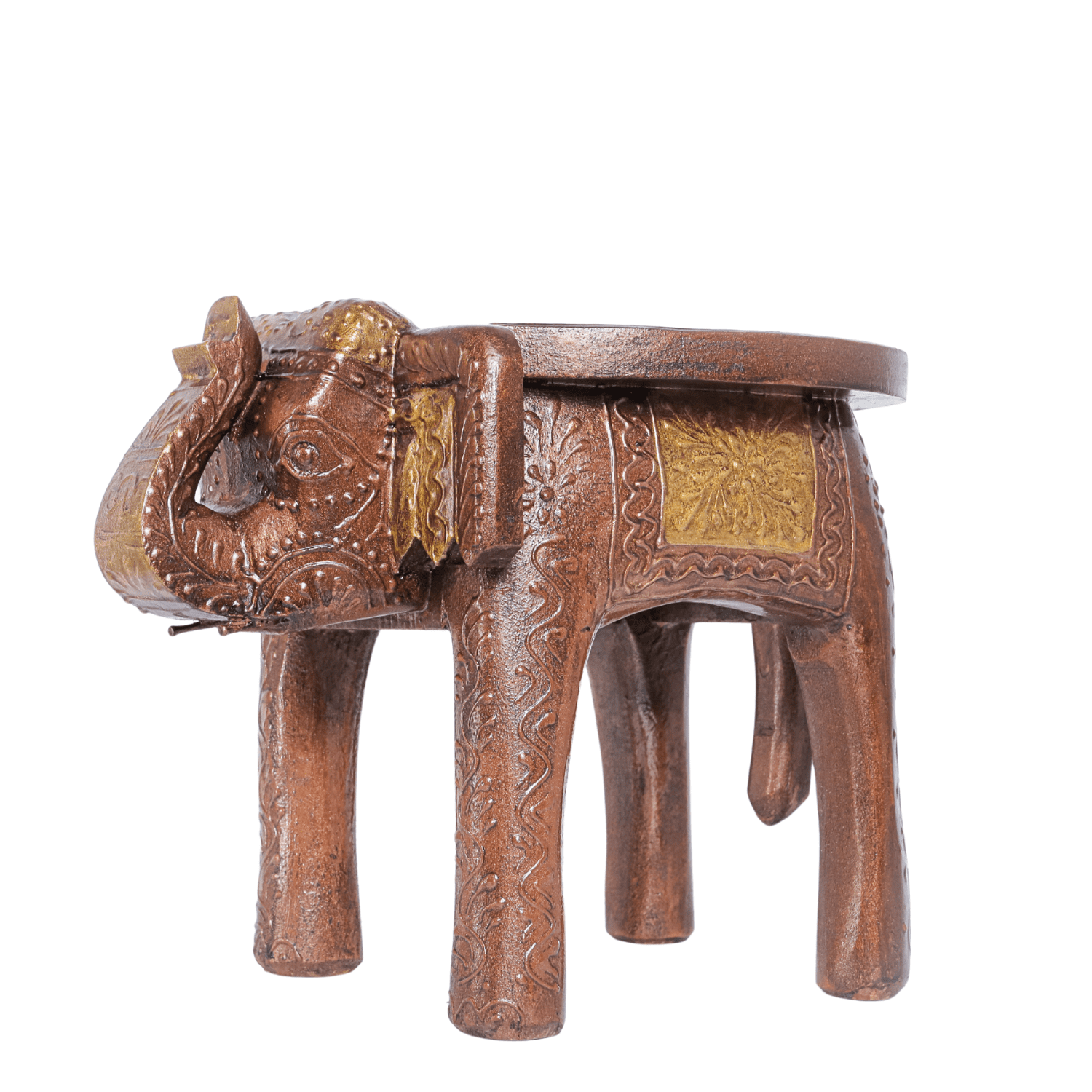 Brown Embossed Painted Wooden Elephant Stool - Image 7