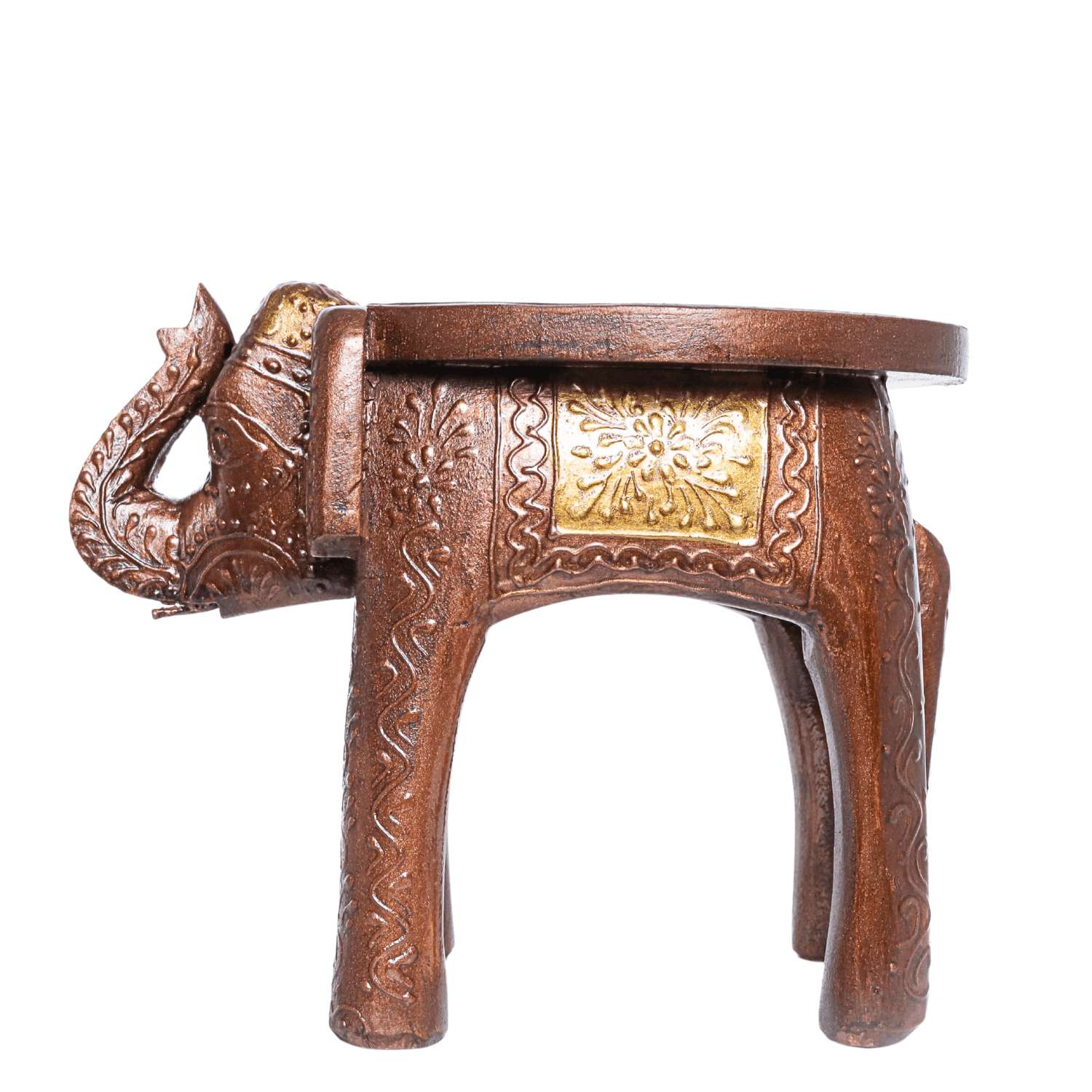 Brown Embossed Painted Wooden Elephant Stool - Image 5