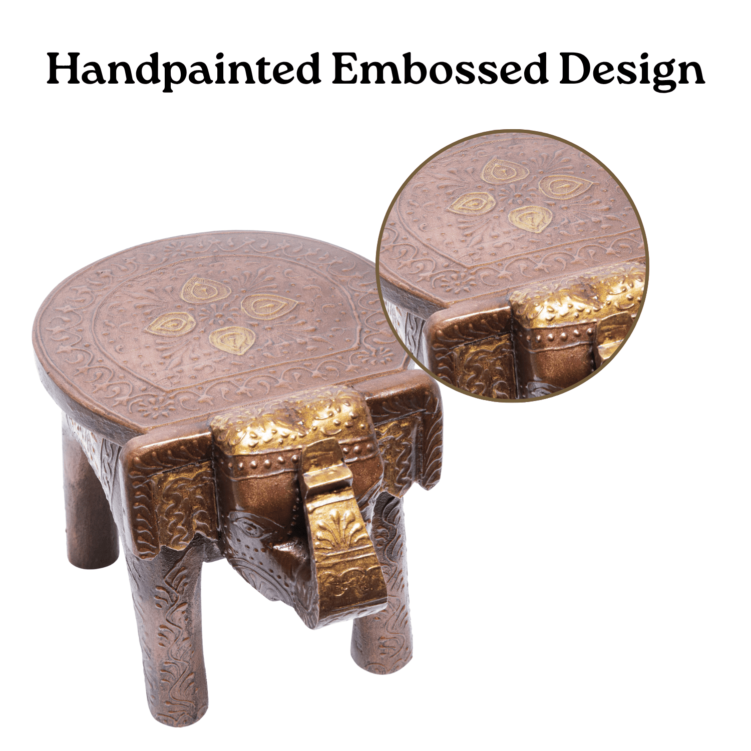 Brown Embossed Painted Wooden Elephant Stool - Image 3