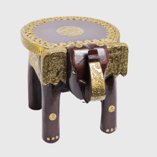 Brass Embossed Wooden Elephant Stool