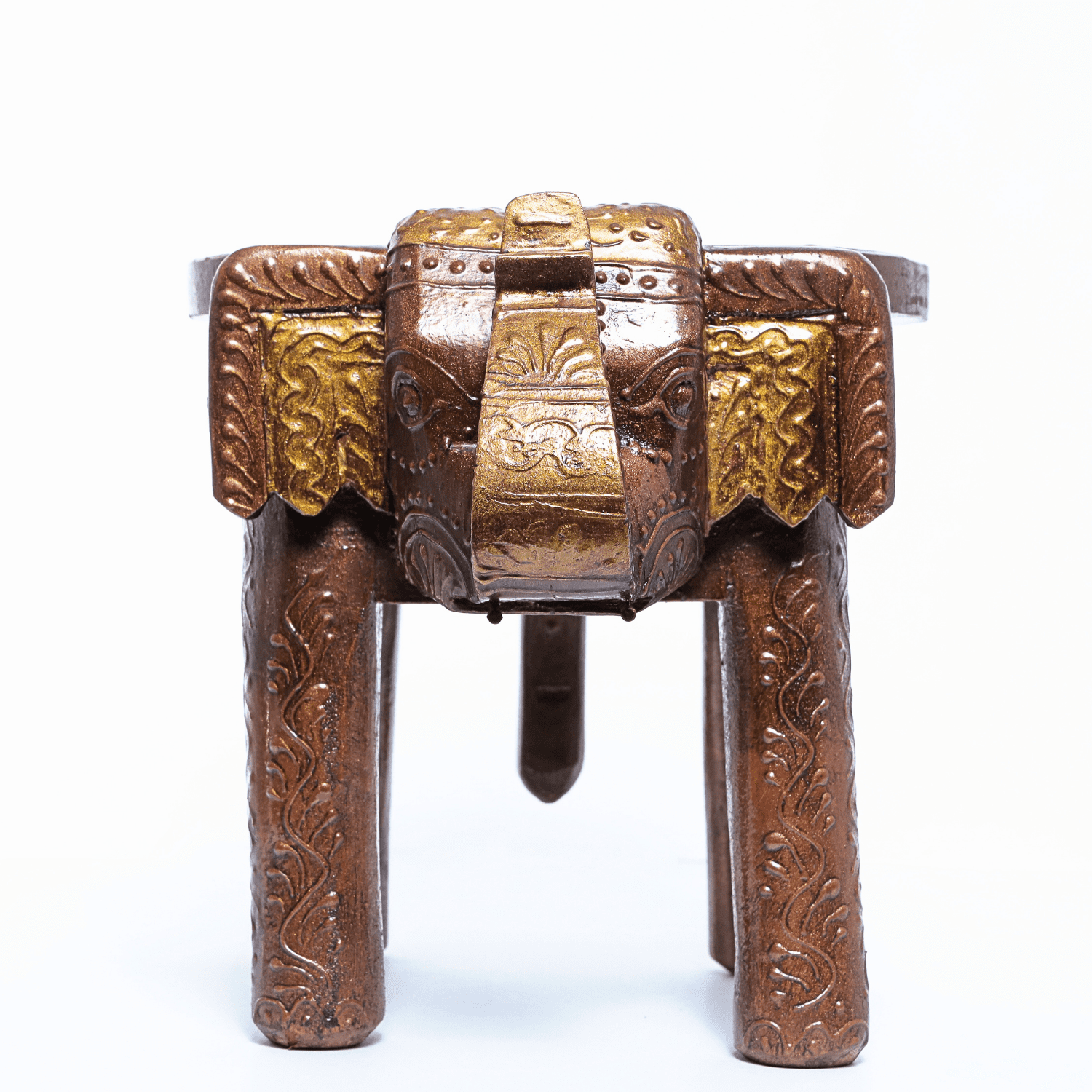 Brown Embossed Painted Wooden Elephant Stool - Image 4