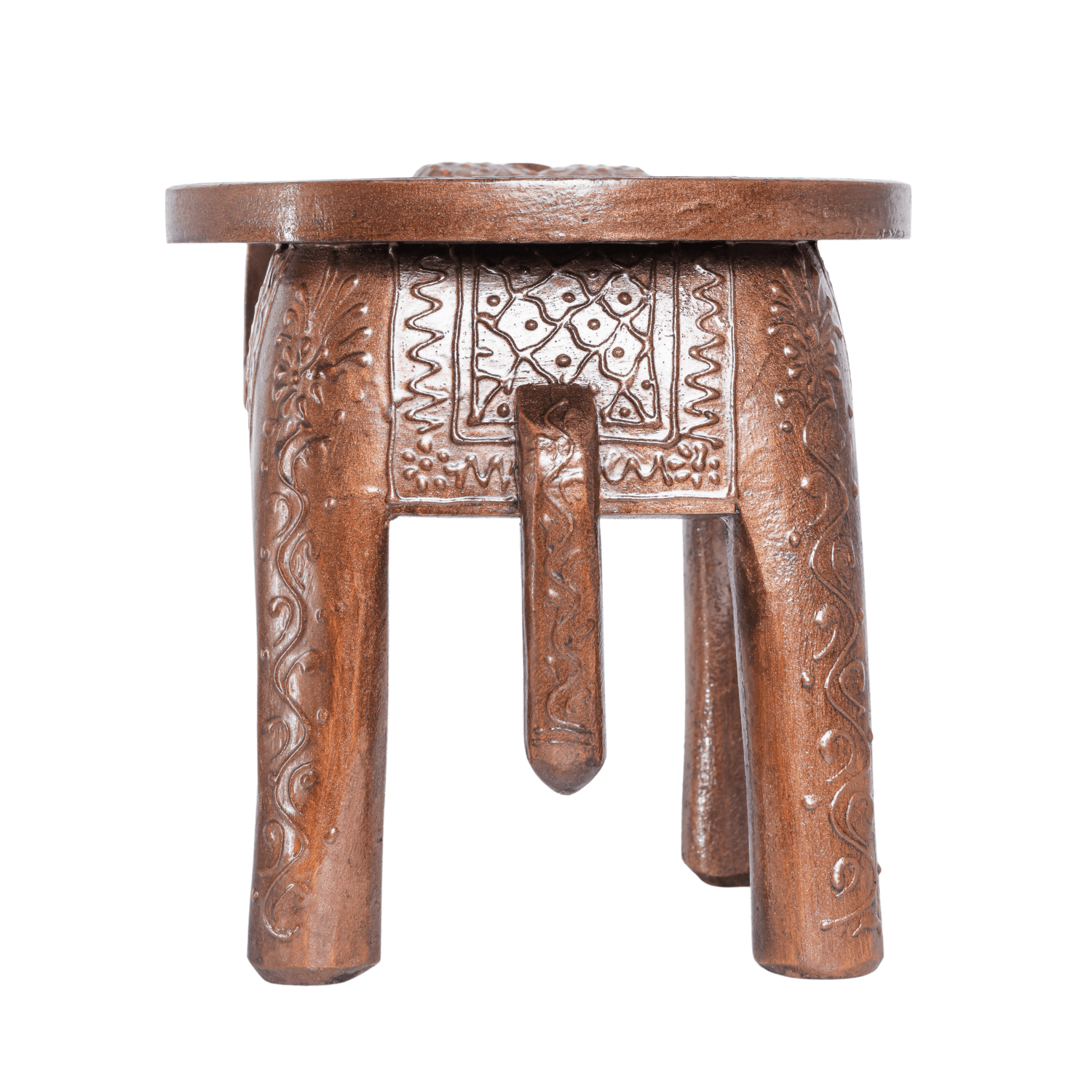 Brown Embossed Painted Wooden Elephant Stool - Image 6