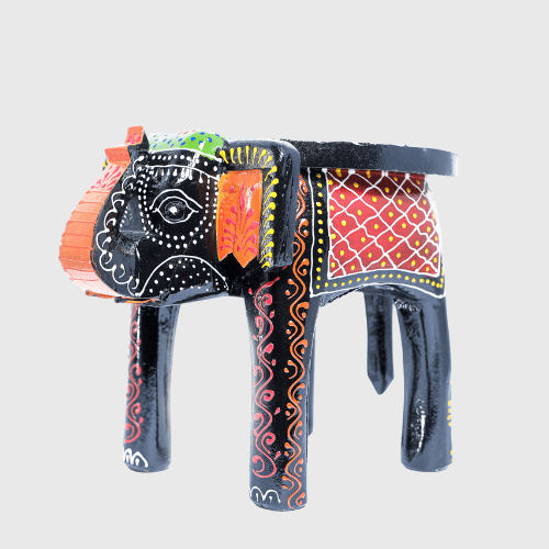 Black Colourful Embossed Painted Wooden Elephant Stool