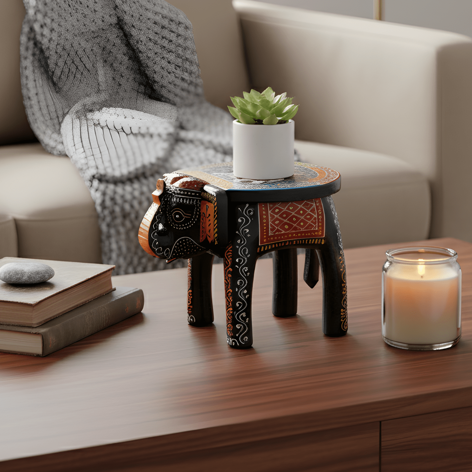 Black Colourful Hand Painted Wooden Elephant Stool - Image 2