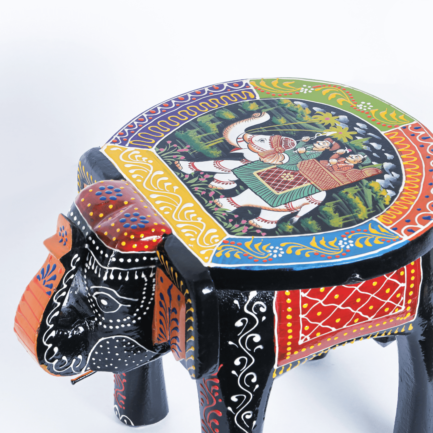 Black Colourful Hand Painted Wooden Elephant Stool - Image 7