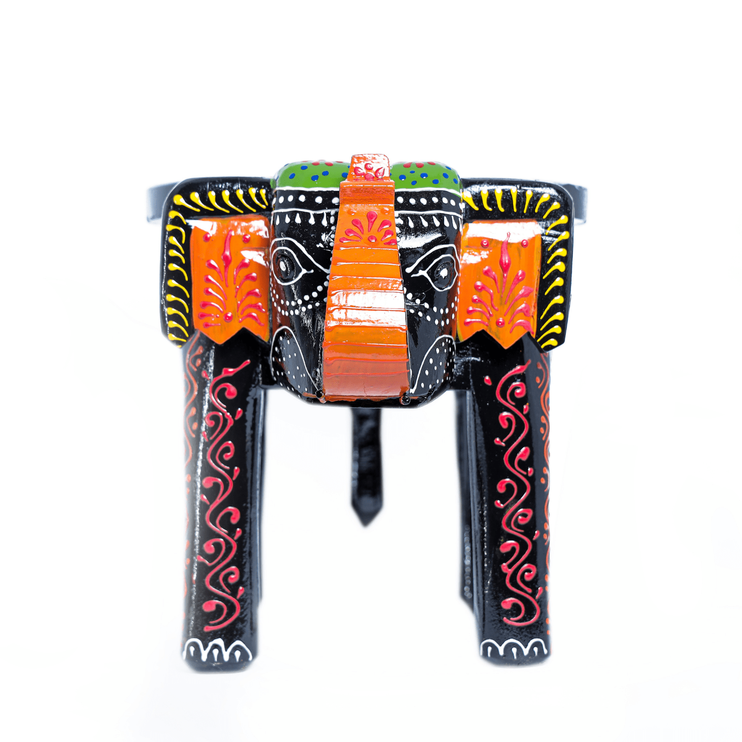 Black Colourful Hand Painted Wooden Elephant Stool - Image 5