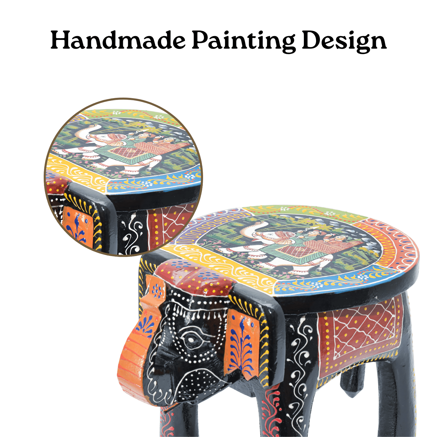 Black Colourful Hand Painted Wooden Elephant Stool - Image 3