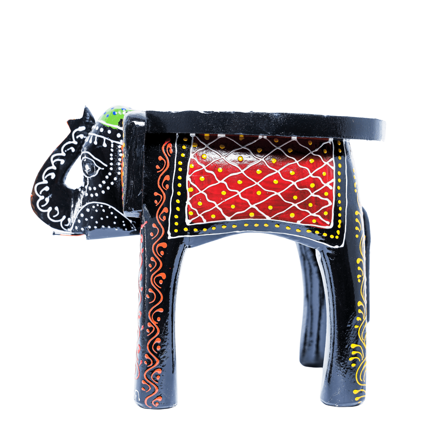 Black Colourful Hand Painted Wooden Elephant Stool - Image 4