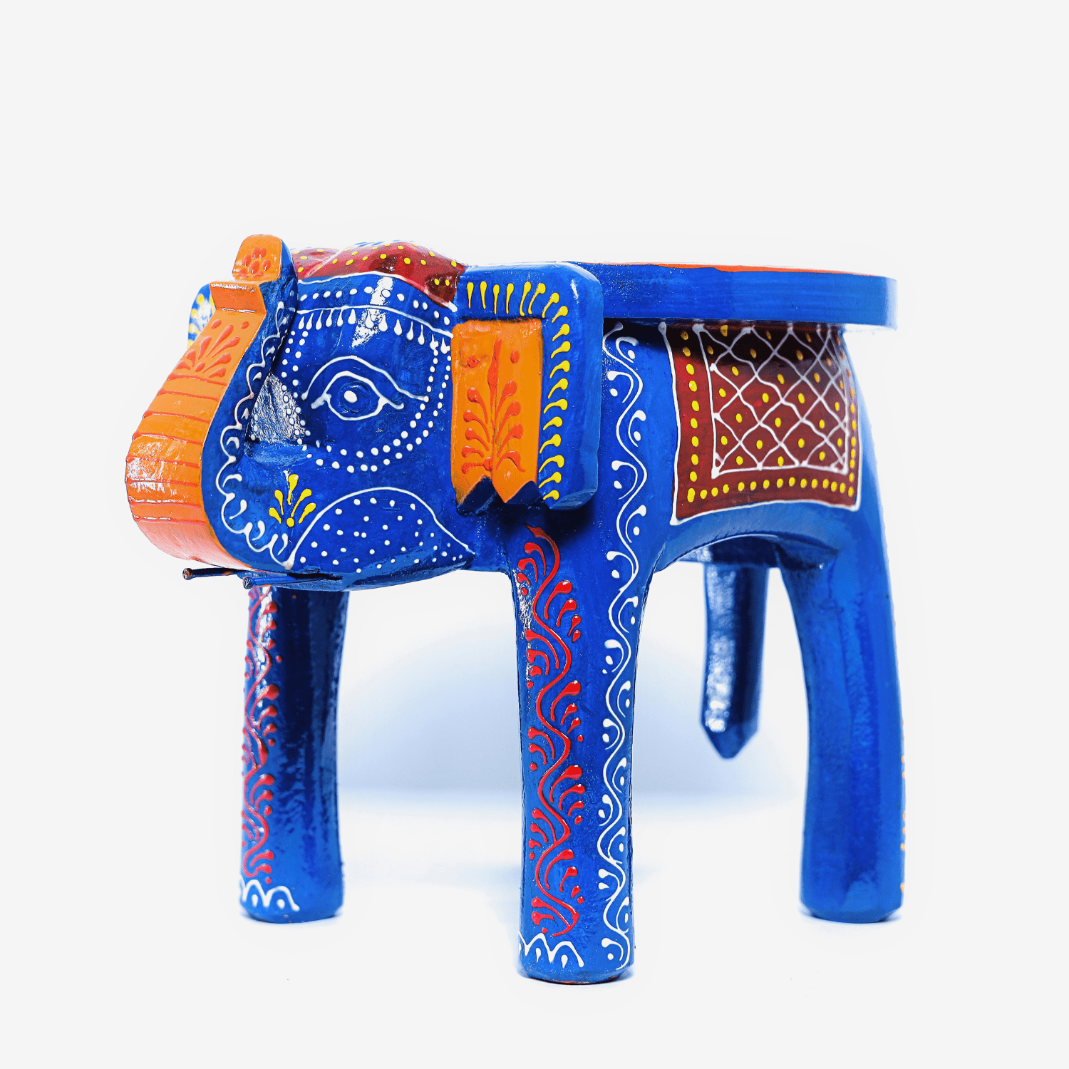 Blue Colourful Hand Painted Wooden Elephant Stool - Image 5
