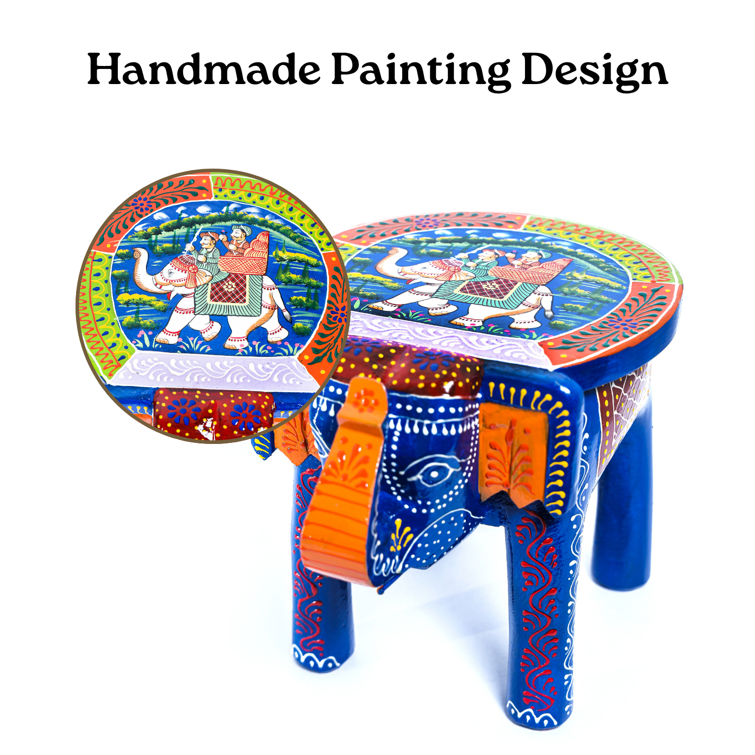 Blue Colourful Hand Painted Wooden Elephant Stool - Image 3