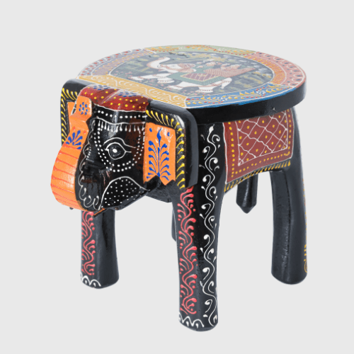 Black Colourful Hand Painted Wooden Elephant Stool