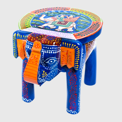 Blue Colourful Hand Painted Wooden Elephant Stool