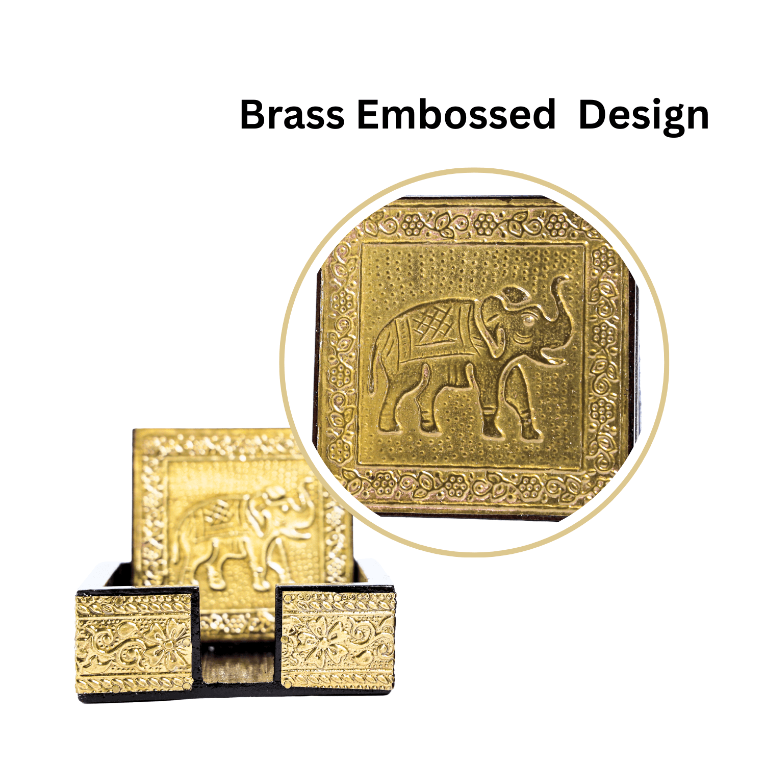Brass Embossed Square Wooden Coasters Set - Image 3