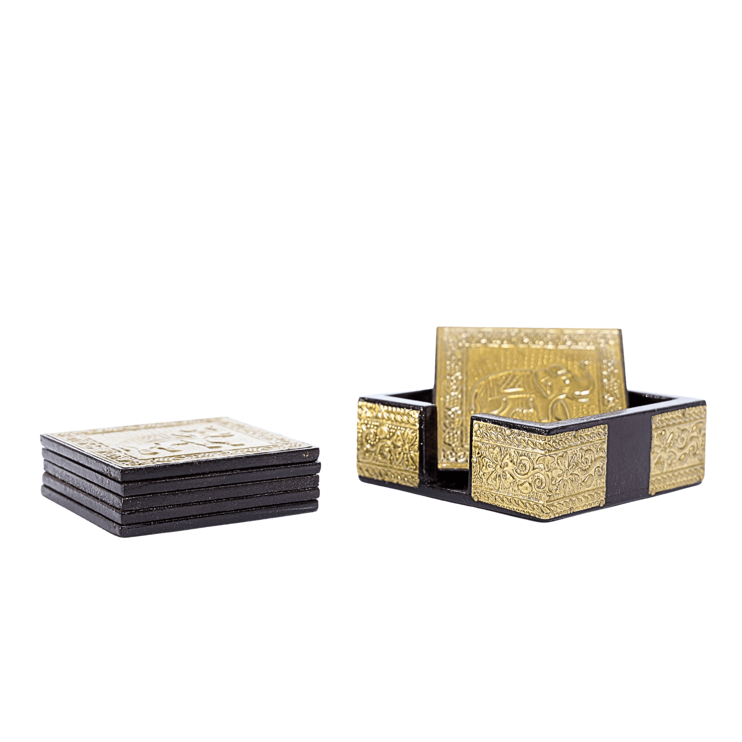 Brass Embossed Square Wooden Coasters Set - Image 5