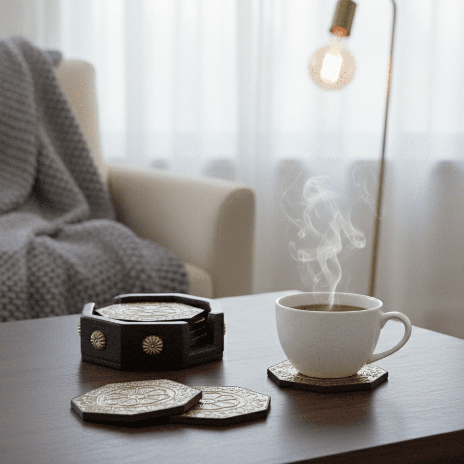 Brass Embossed Wooden Coaster Set - Image 2