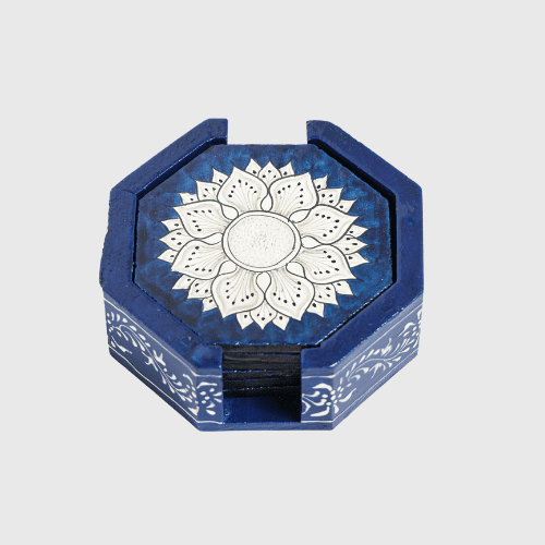 Blue Hand Painted Wooden Coaster Set