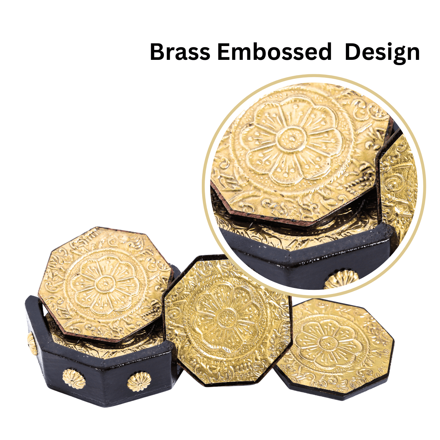 Brass Embossed Wooden Coaster Set - Image 3