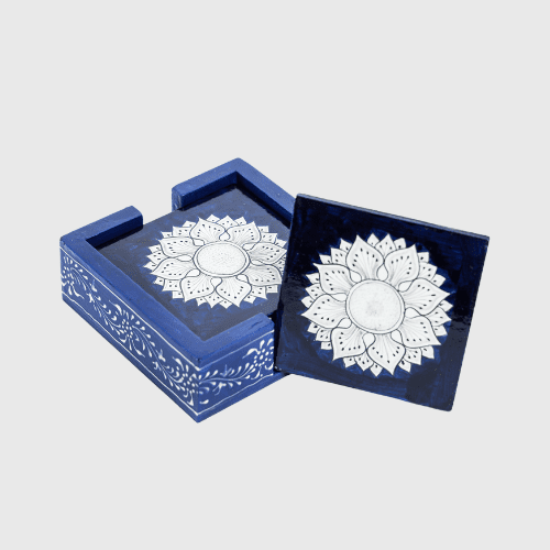Blue Square Hand Painted Wooden Coaster Set