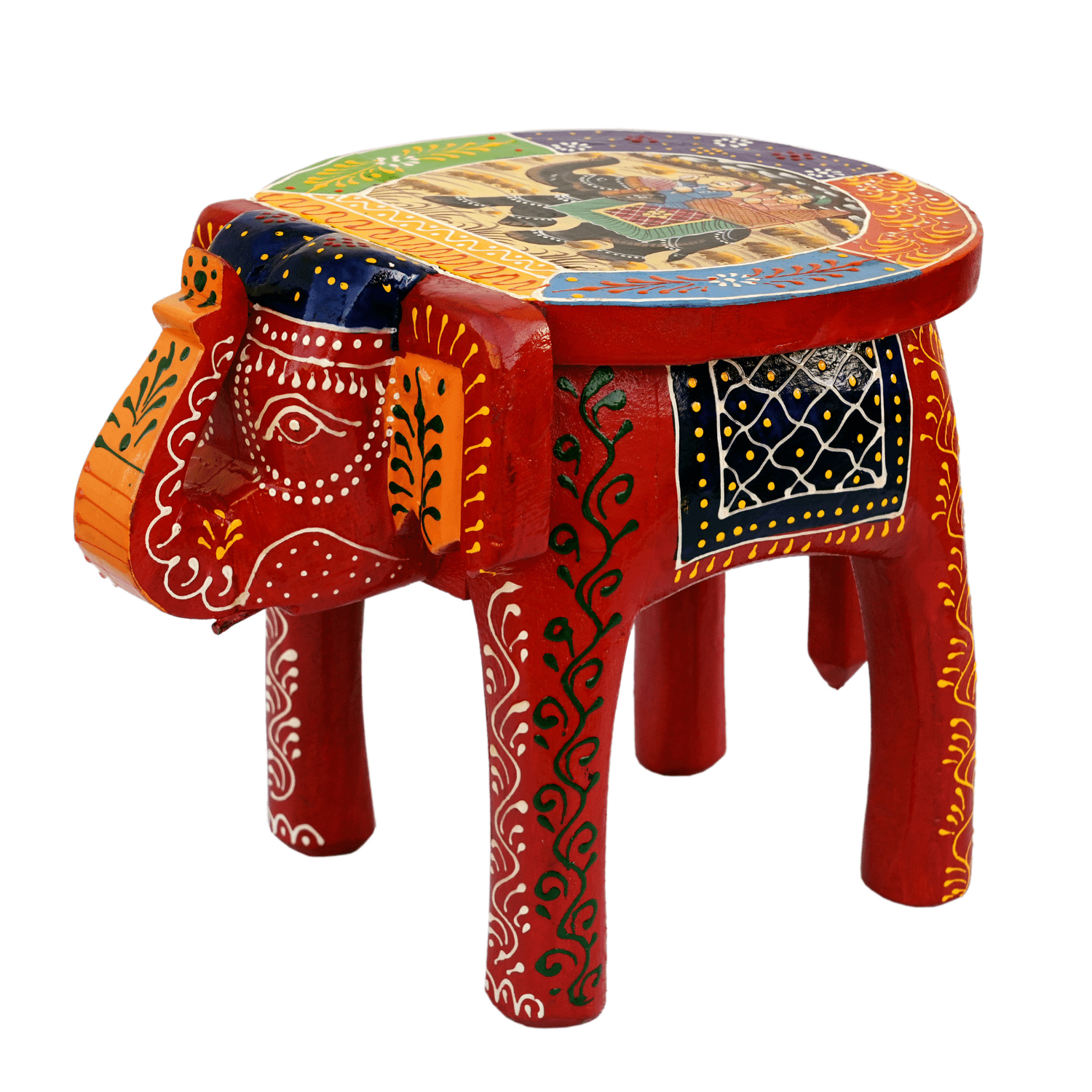 Red Colourful Hand Painted Wooden Elephant Stool