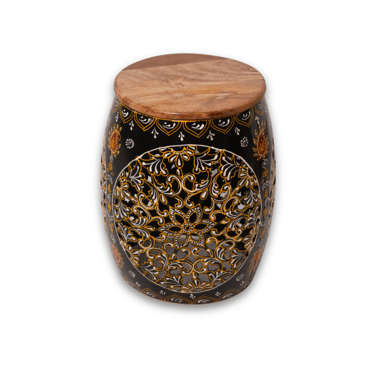 Handcrafted Metal Jali Stool with Wooden Top Aslo use as Side Table for Living Room, Balcony & Garden
