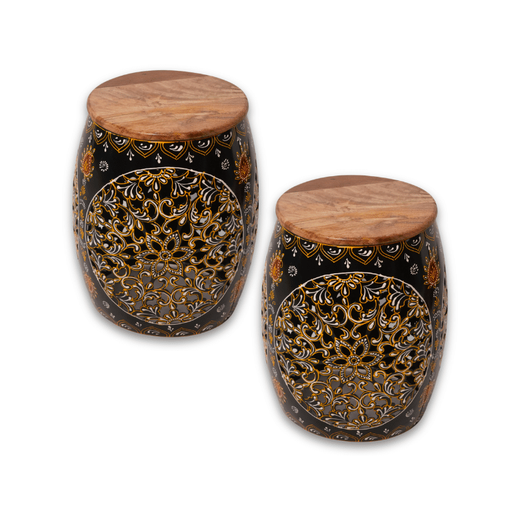 Handcrafted Wooden Top Metal Jali Stool Set of 2