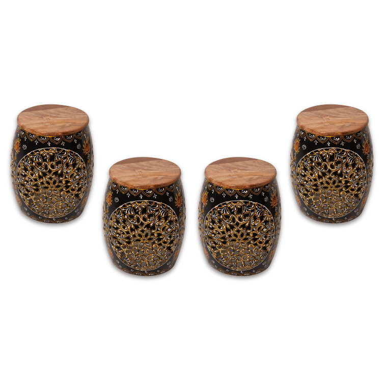 Handcrafted Wooden Top Metal Jali Stool Set of 4