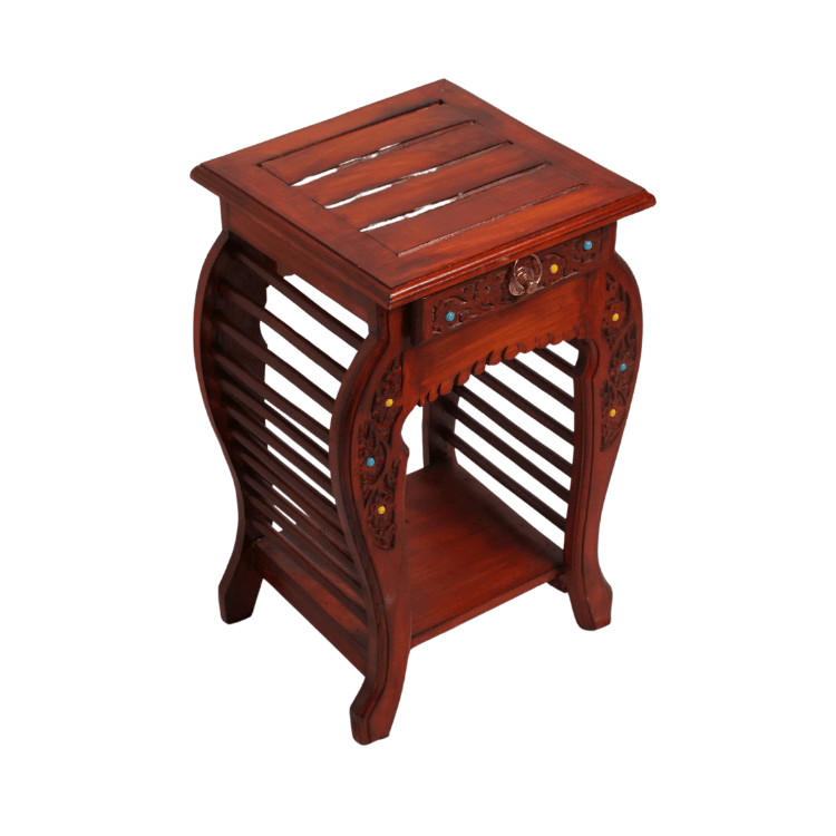 Handcrafted Solid Wood Bedside Table with Drawer & Open Shelf ( Light Brown )