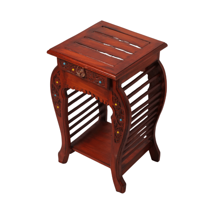 Handcrafted Solid Wood Bedside Table with Drawer & Open Shelf ( Light Brown ) - Image 4