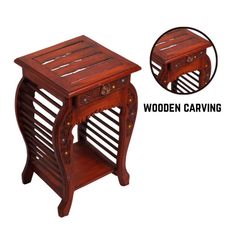 Handcrafted Solid Wood Bedside Table with Drawer & Open Shelf ( Light Brown ) - Image 2