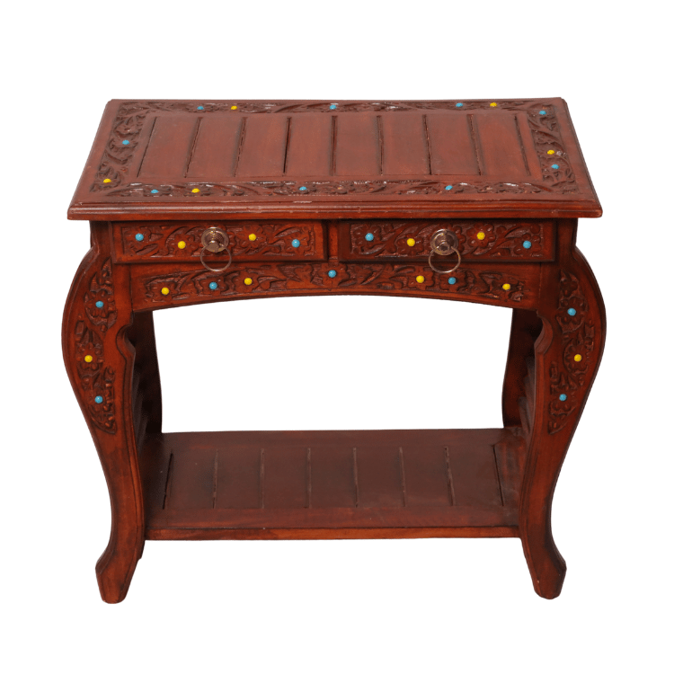 Handcrafted Solid Wood Console Table with 2 Drawers & Storage Shelf