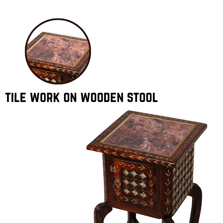 Handcrafted Wooden Marble Top Bedside Cabinet with Storage ( Small ) - Image 4