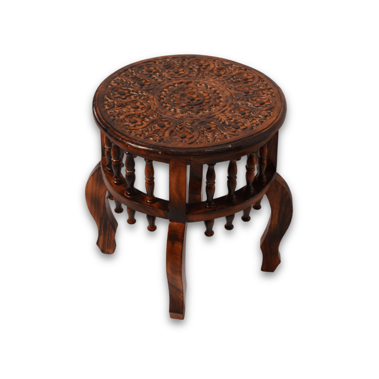 Handcrafted Round Wooden Side Table with Intricate Carving