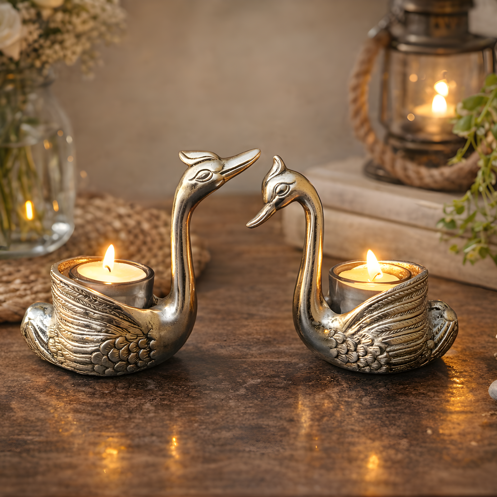 Metal Swan Plated Showpiece Set of 2 with Glass Candles